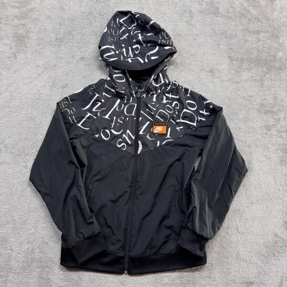 Nike Hooded Windbreaker Full Zip Boys Large Black Swoosh Just Do it Patch